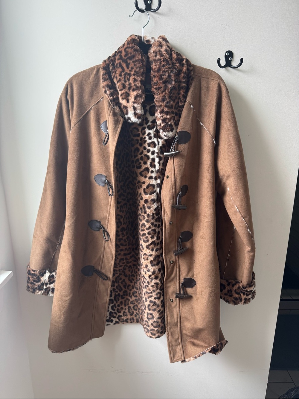 dennis basso Brown Faux Shearling Pea Coat with Leopard Trim